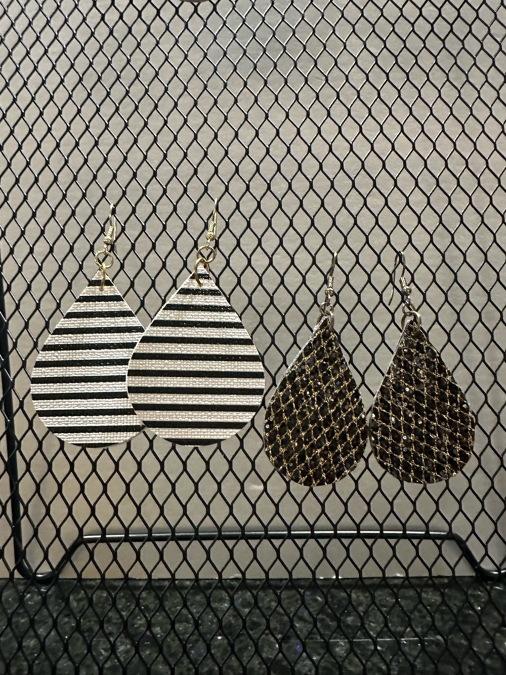 Teardrop Earrings Duo — Black & White Stripe and Metallic Gold-Black